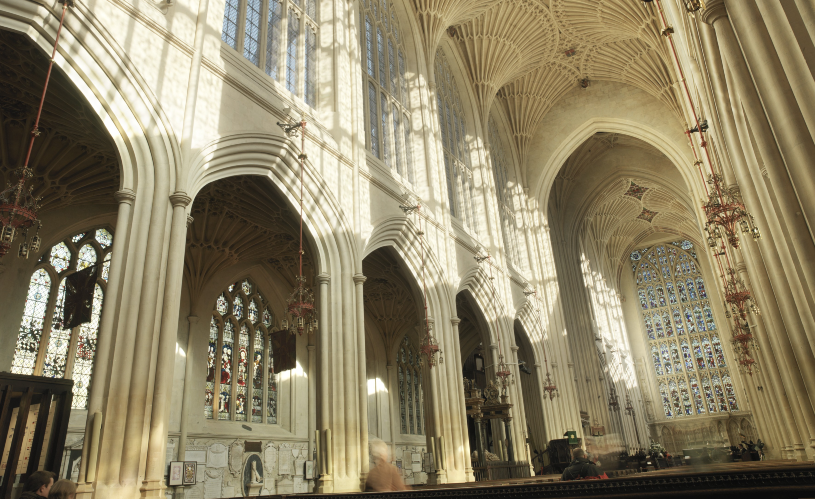 Vaulted ceiling and stained glass windows in Bath Abbey